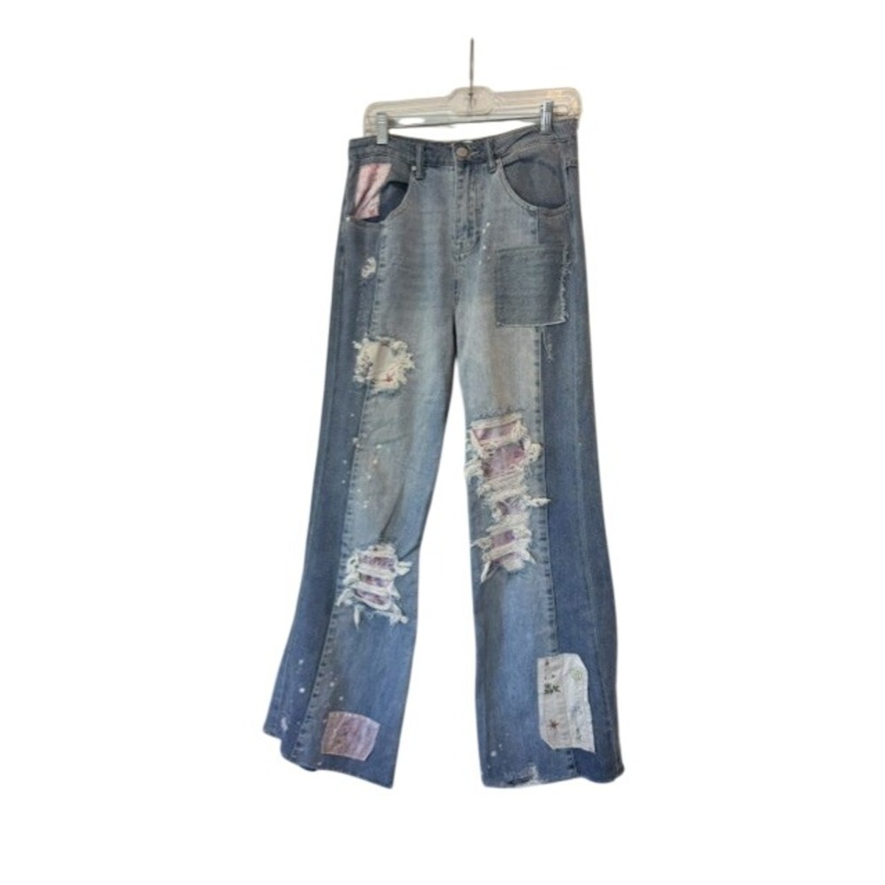 Altar'd State Womens Patchwork Distressed Wide Leg Jeans Blue Floral Boho 29